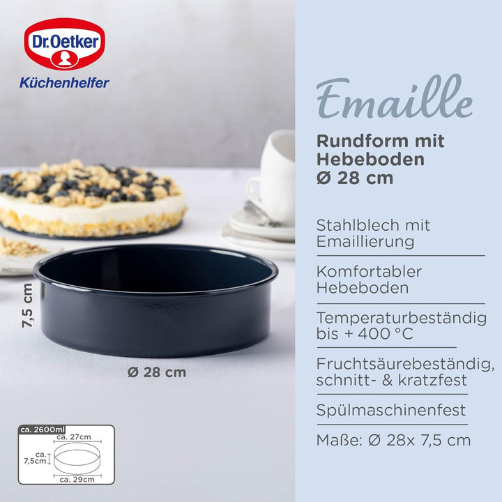 Dr. Oetker 2363 Oetker Hebeboden Ø 28 cm BACK-LIEBE EMAILLE, runde Backform mit schnitt- & kratzfest
