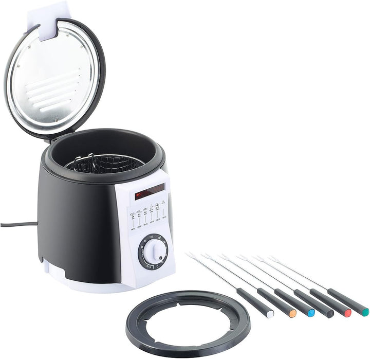 Rosenstein & Söhne Minifritteuse: 2er-Set kompakte Tisch-Fritteusen mit Fondue-Set, 0,9 Liter, 840 W