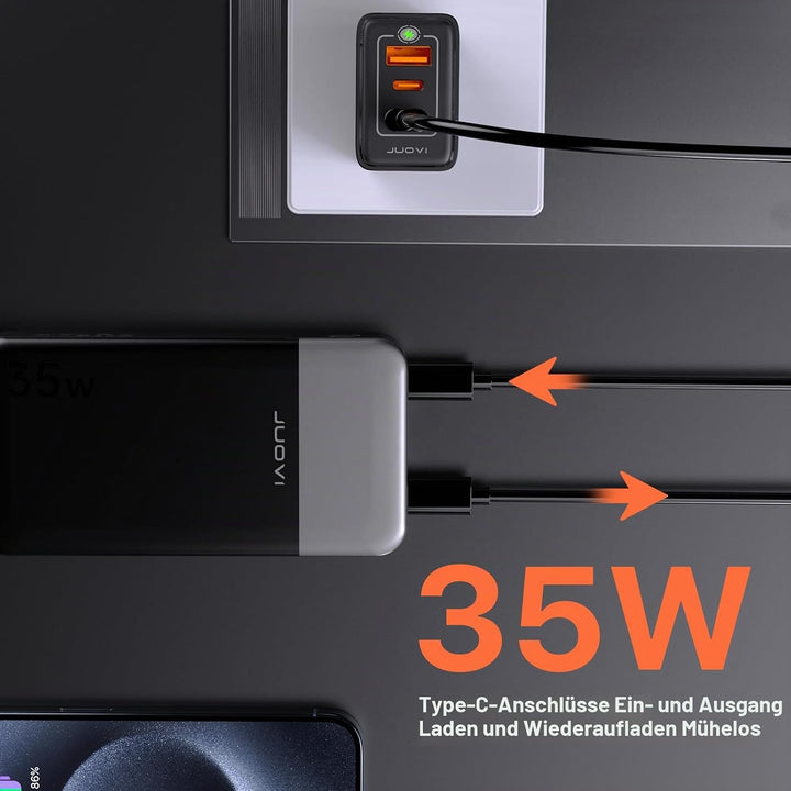 JUOVI Power Bank 10000mAh, 35W Powerbank Schnellaufladung mit 3 Ausgängen und 2 Eingängen, PD3.0 QC
