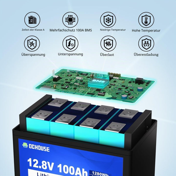 DCHOUSE 12V 100Ah LiFePO4 Bluetooth Lithium Batterie mit SOC-Leuchte und BMS-Anzeige, Niedertemperat