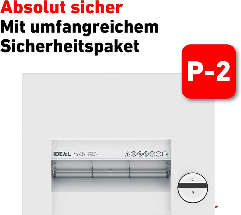 IDEAL 2445 Aktenvernichter, Sicherheitsstufe P-2, Streifenschnitt 4 mm, 18 Blatt Kapazität, 35 L Abf