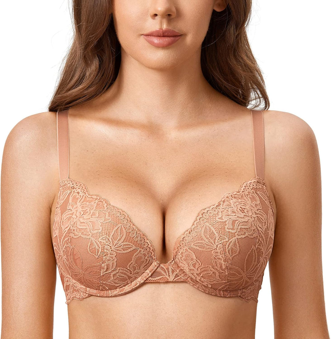 DOBREVA Damen Push Up BH Mit Spitze Gepolstert Plunge Bügel Vollschalen BHS Gemoldete Cups 85C Sahne