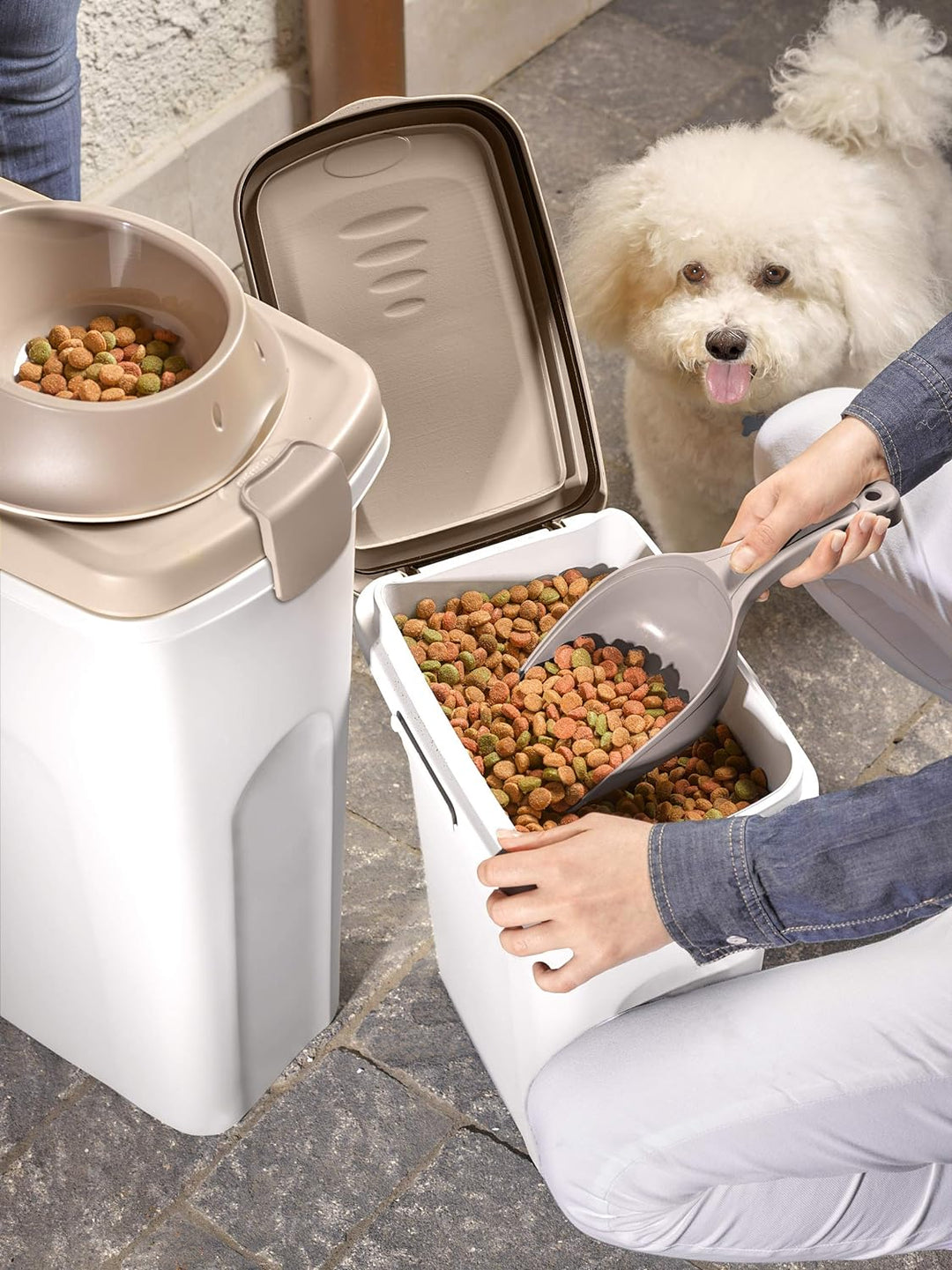 Petfood-Container, luftdichte Aufbewahrung von Trockenfutter, Vorratsbehälter Tierfutter, Weiss / Br