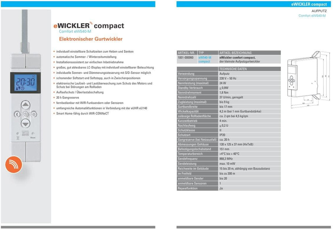 WIR elektronik, eWickler Comfort FUNK COMPAcT, eW540-M, kleinste Gurtwickler, bis 9 kg, für 15 mm Gu