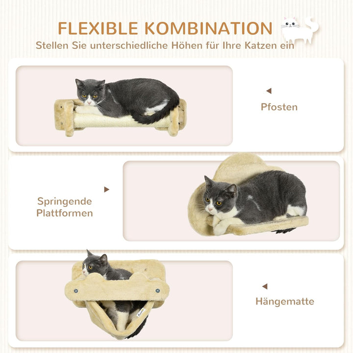 PawHut Kletterwand Katzen, 5-teilig Katzenkletterwand Set, Katzen Wandelemente mit 2 Kratzstämmen, 2