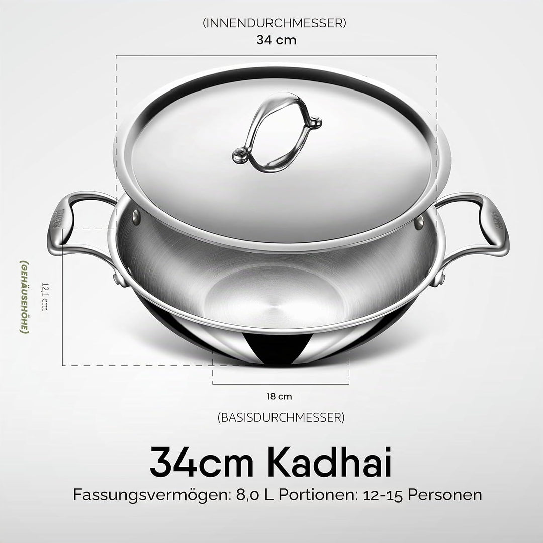 Stahl Triply Edelstahl Tasla mit Deckel I Triply Edelstahl-Kochgeschirr I Tri Ply Tasla Kadai mit In