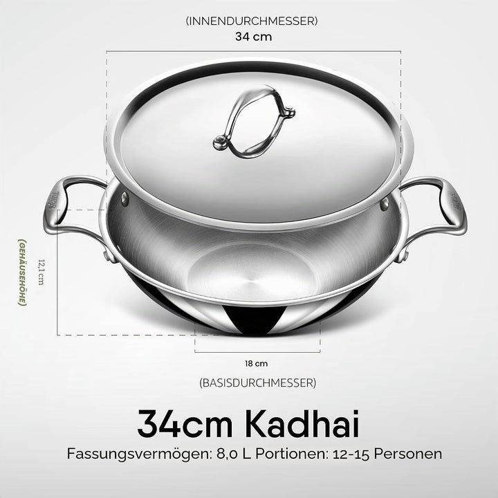 Stahl Triply Edelstahl Tasla mit Deckel I Triply Edelstahl-Kochgeschirr I Tri Ply Tasla Kadai mit In
