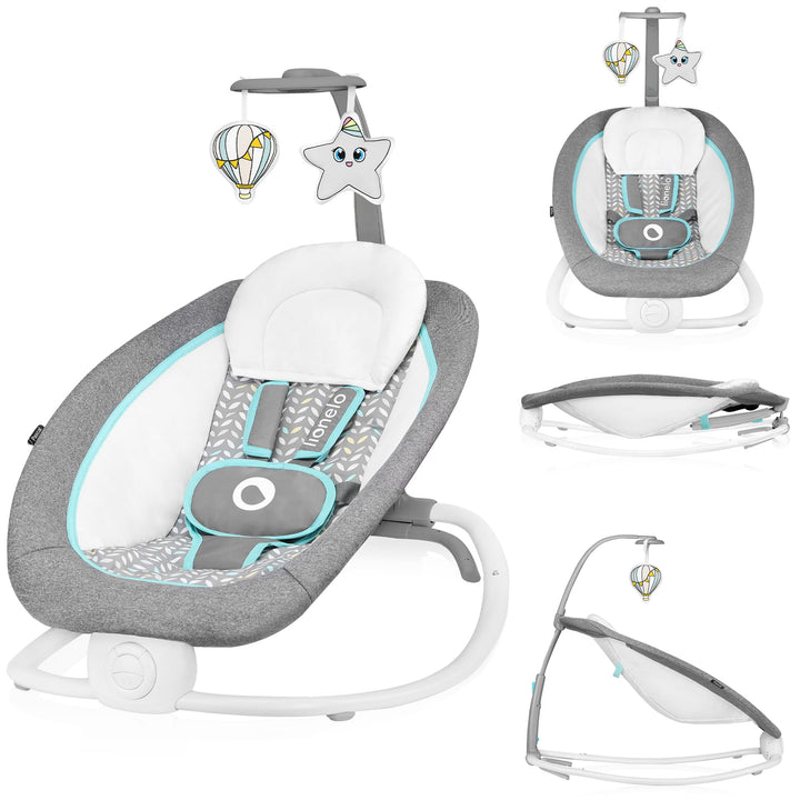 LIONELO Pascal Baby Wippe, sanfte Vibrationen, 5 Melodien, Spielzeugkarussell mit interaktiven Plüsc