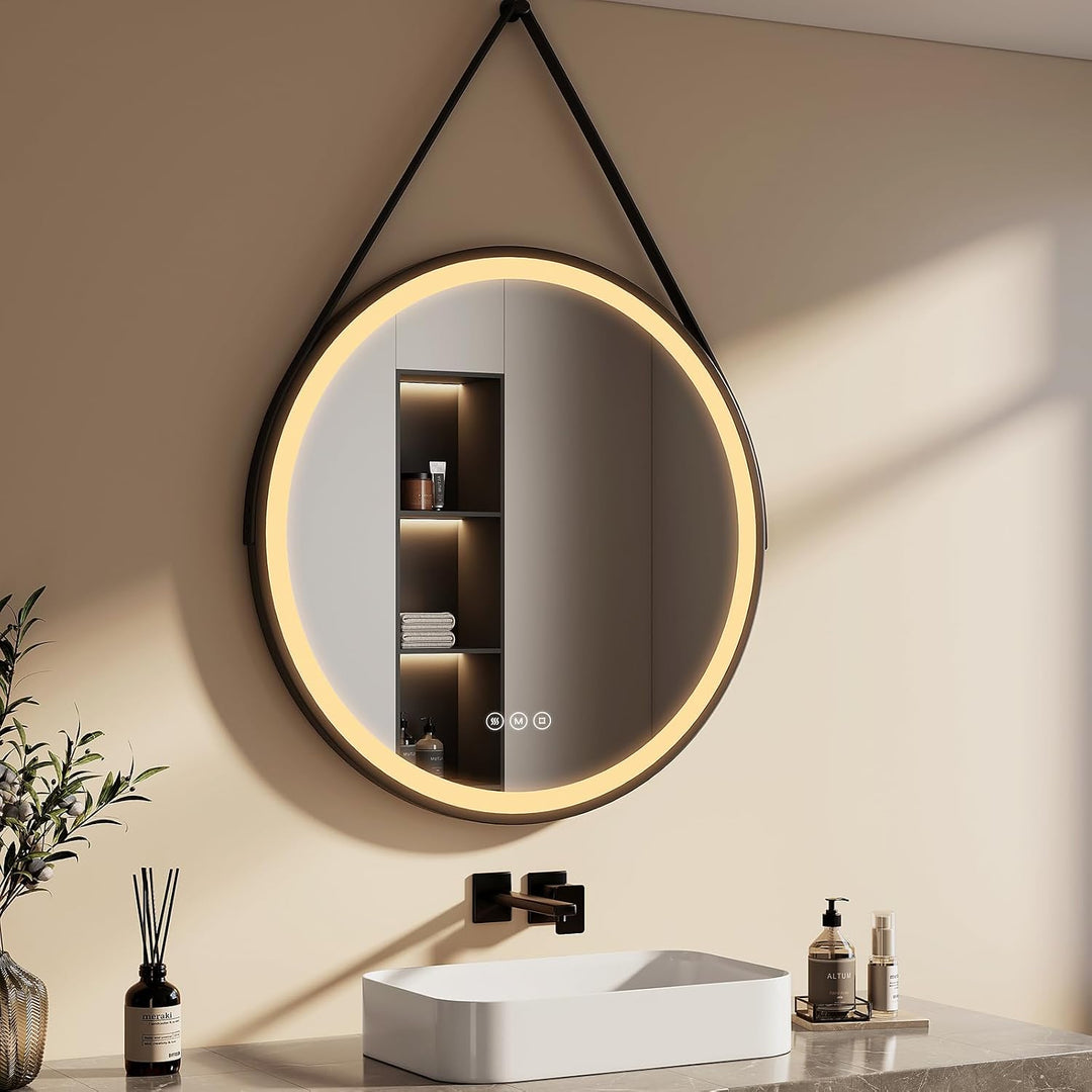 EMKE Badspiegel Rund Schwarz 80 cm, Antibeschlag | Badspiegel mit Beleuchtung und Touchschalter, 3 d