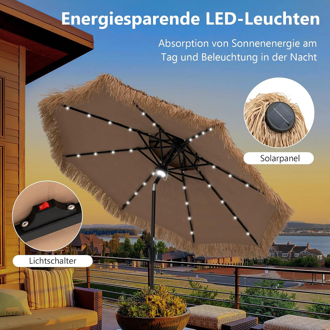 GOPLUS Sonnenschirm Hawaii, Ø 270 cm Strohschirm um 30° knickbar, Strandschirm mit LED-Solar-Beleuch