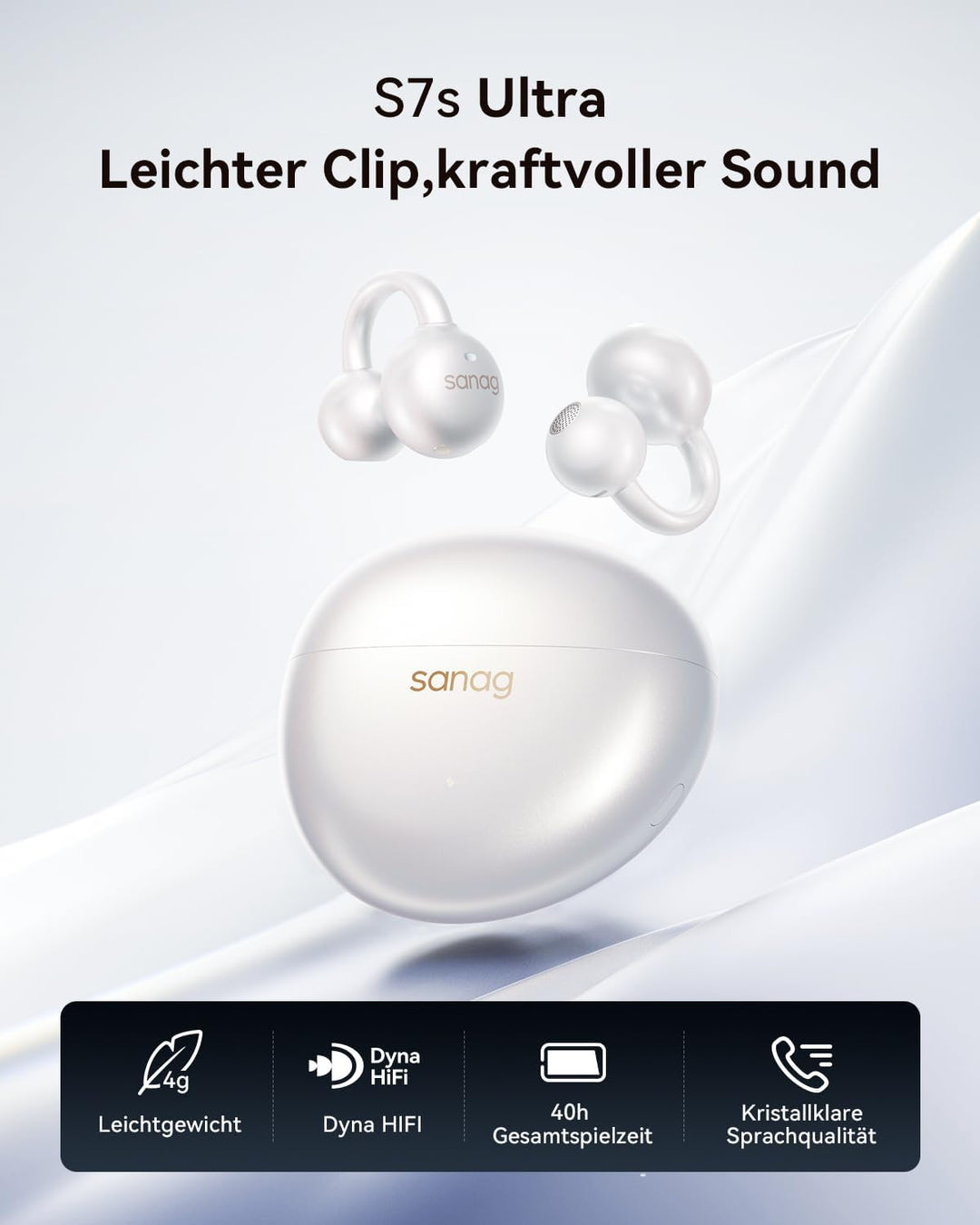 SANAG S7SUltra Open Ear Kopfhörer, Clip On Earbuds Kabellos Dyna HiFi, Bluetooth 6.0, 40H Spielzeit,