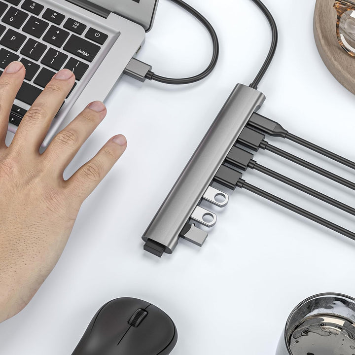 Langes USB-Hub-Kabel, 8 Anschlüsse, USB-3.0-Adapter mit 6 USB-3.0-Datenanschlüssen, USB-C-Daten, USB
