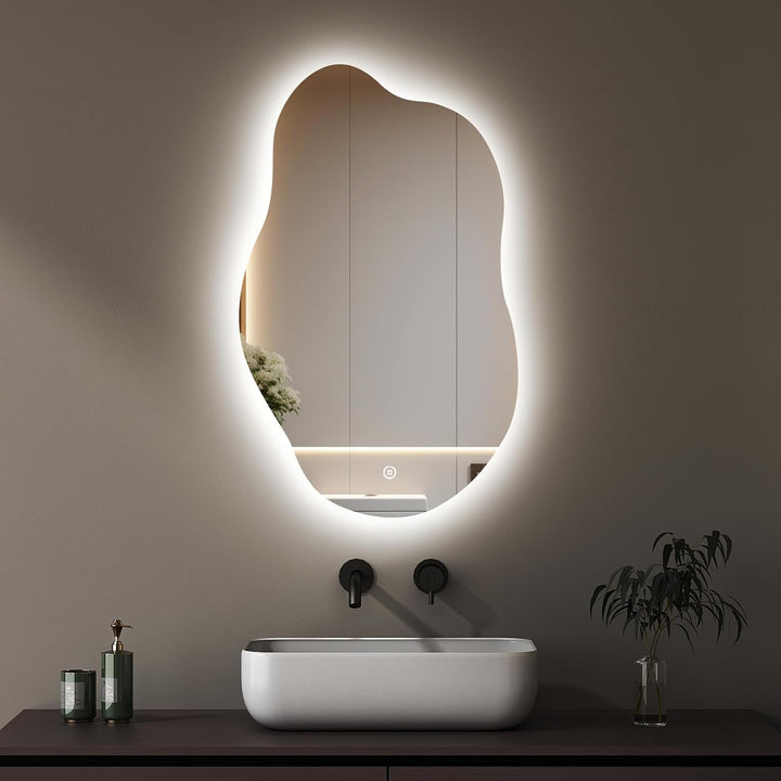 Boromal Unregelmässiger Form Asymmetrischer Spiegel mit LED Beleuchtung, Badspiegel mit Beleuchtung