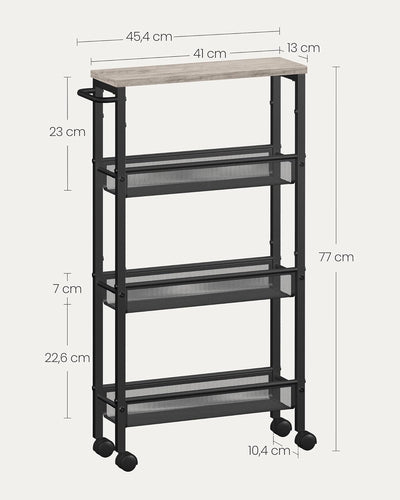 VASAGLE Rollwagen 4 Ebenen, Küchenwagen schmal, Nischenregal auf Rollen, Stahl, Griff, für kleine Rä