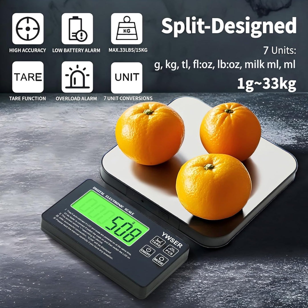 15kg Digitale Küchenwaage mit LCD-Fernanzeige, Split entworfenes Display zum einfachen Lesen und Rei