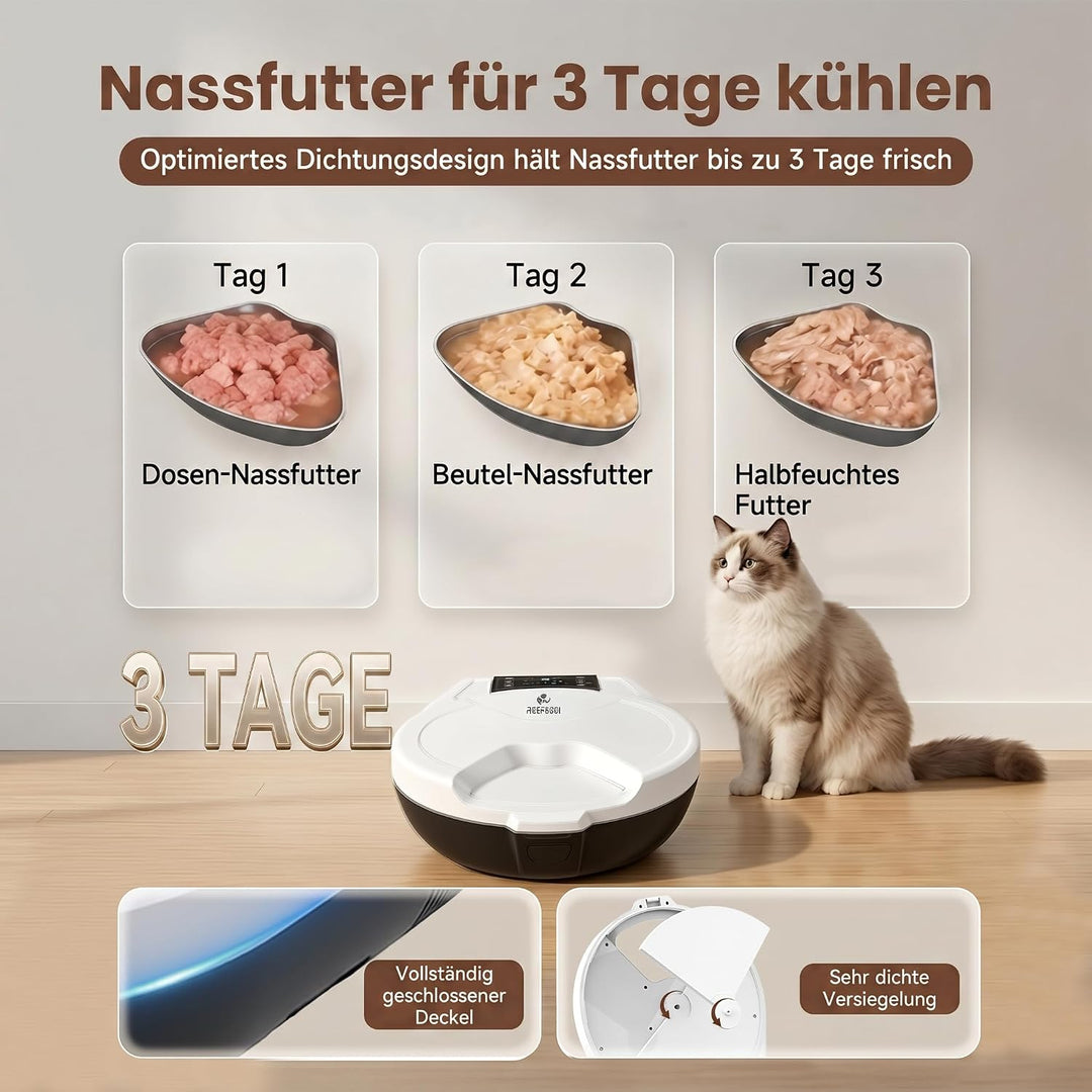 Futterautomat Katze Nassfutter mit Halbleiter-Kühlung & Heizung, 3 Tage Frisch Nassfutterautomat für