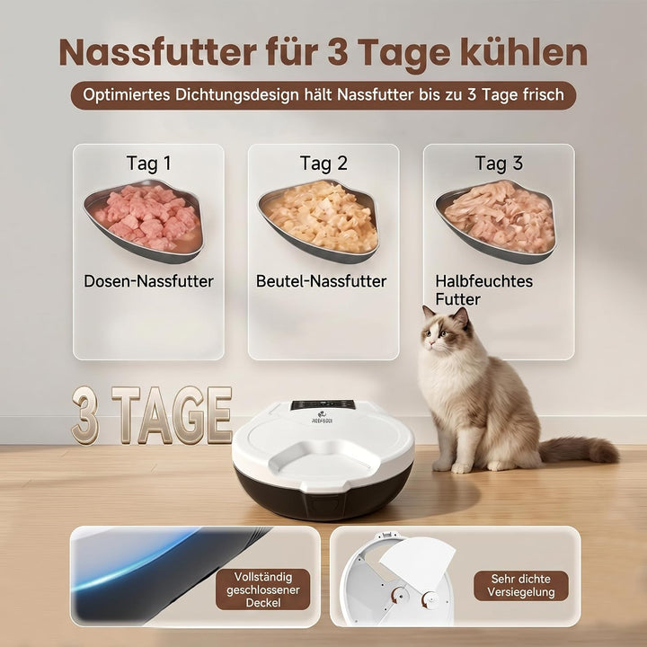 Futterautomat Katze Nassfutter mit Halbleiter-Kühlung & Heizung, 3 Tage Frisch Nassfutterautomat für