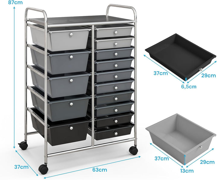 COSTWAY Rollwagen mit 15 stapelbaren Schubladen, Schubladenwagen Rollcontainer mit Metallgestell und
