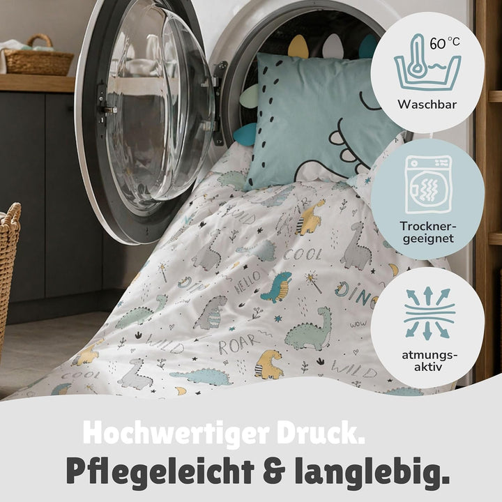 Familando Baby-Bettwäsche mit Ohren/Stacheln 100x135 40x60 cm · Dino Bettwäsche Hellblau für Kleinki