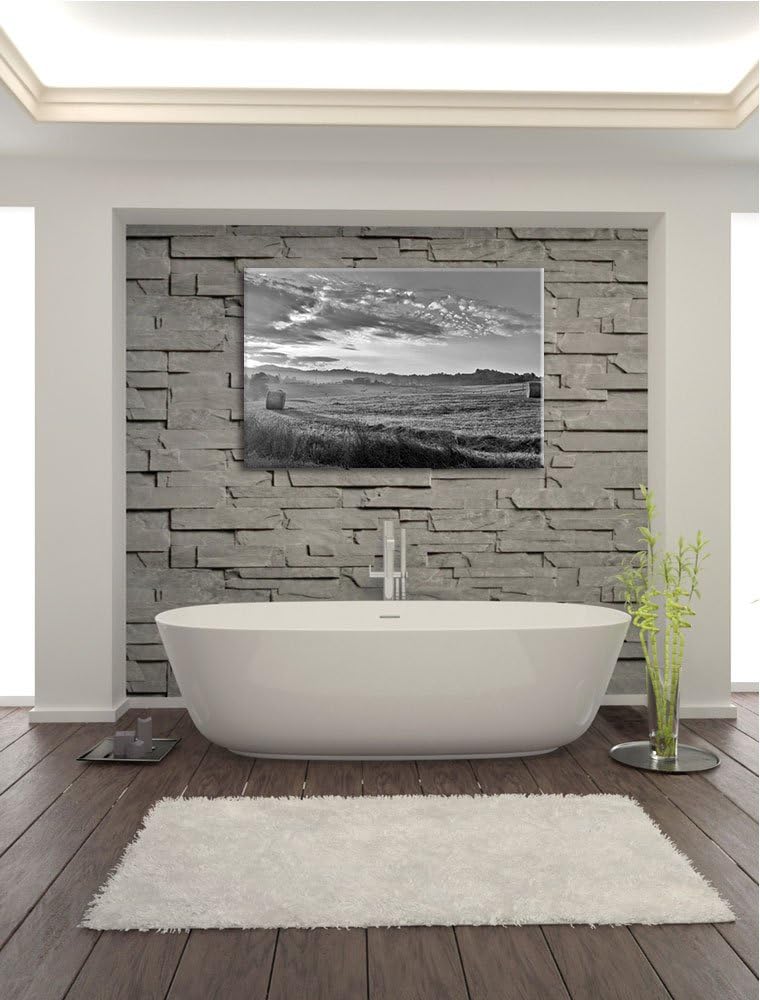 Feld mit Heuballen schwarz/weiss Format: 100x70 auf Leinwand, XXL riesige Bilder fertig gerahmt mit