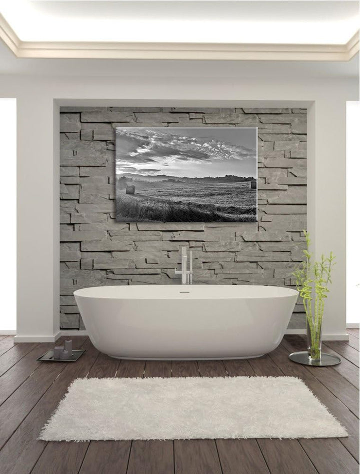 Feld mit Heuballen schwarz/weiss Format: 100x70 auf Leinwand, XXL riesige Bilder fertig gerahmt mit