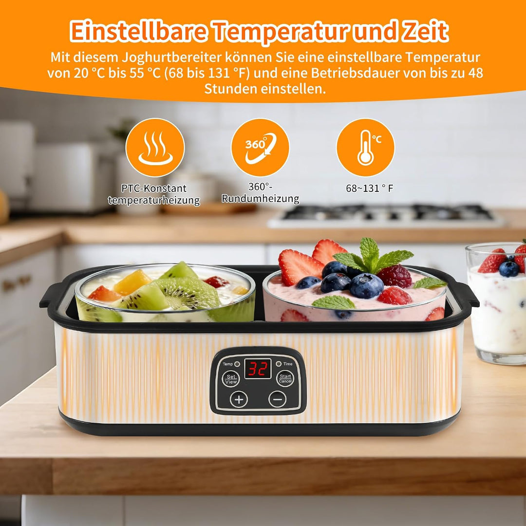 Joghurtbereiter, 2000 ml Automatischer Joghurtmaschine mit 2 Gläsern, Joghurt Maker mit Temperaturre