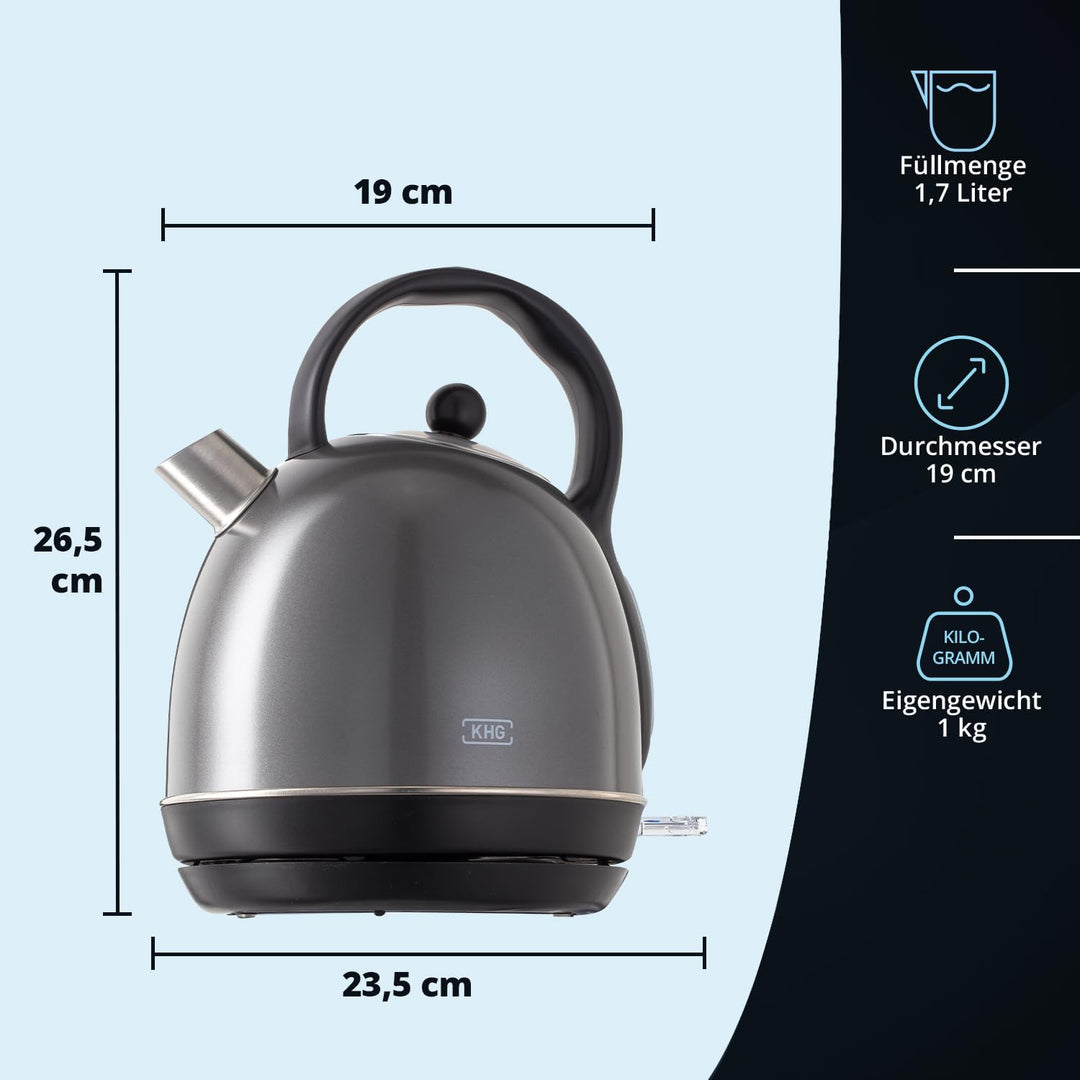 KHG WK-1711 (DG) Wasserkocher Retro 1,7 Liter | Kessel-Wasserkocher in Grau | 360° Sockel | Kalkfilt