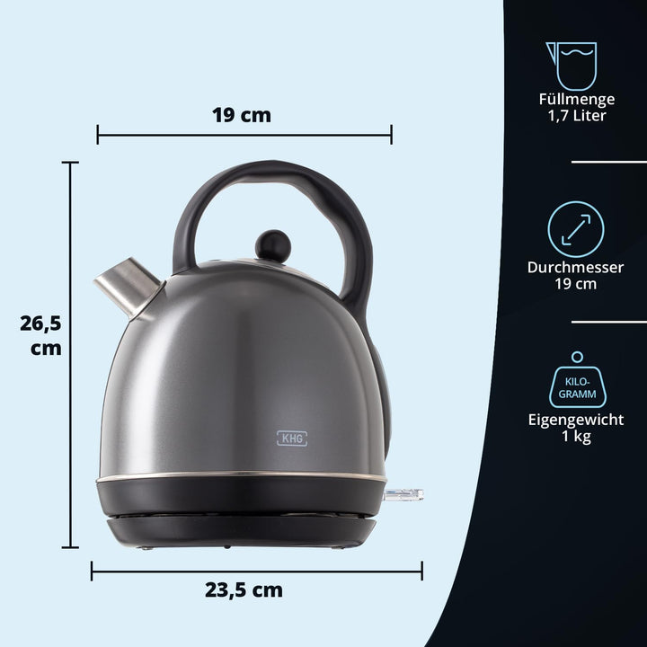 KHG WK-1711 (DG) Wasserkocher Retro 1,7 Liter | Kessel-Wasserkocher in Grau | 360° Sockel | Kalkfilt