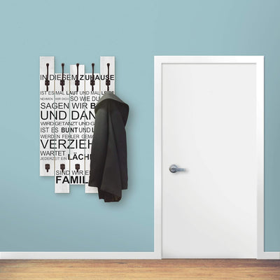 ARTLAND Wandgarderobe Holz mit 8 Haken 63x114 cm Design Garderobe Paneel mit Motiv Zitat Zuhause Hom