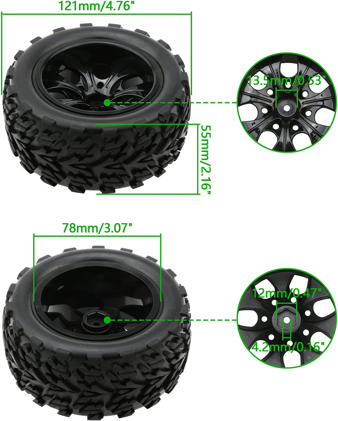 Pxyelec Gummireifen für Monster Truck 1:10 RC Auto Rad Typ Reifen mit 7 Speichen Felge Schwarz RC Te