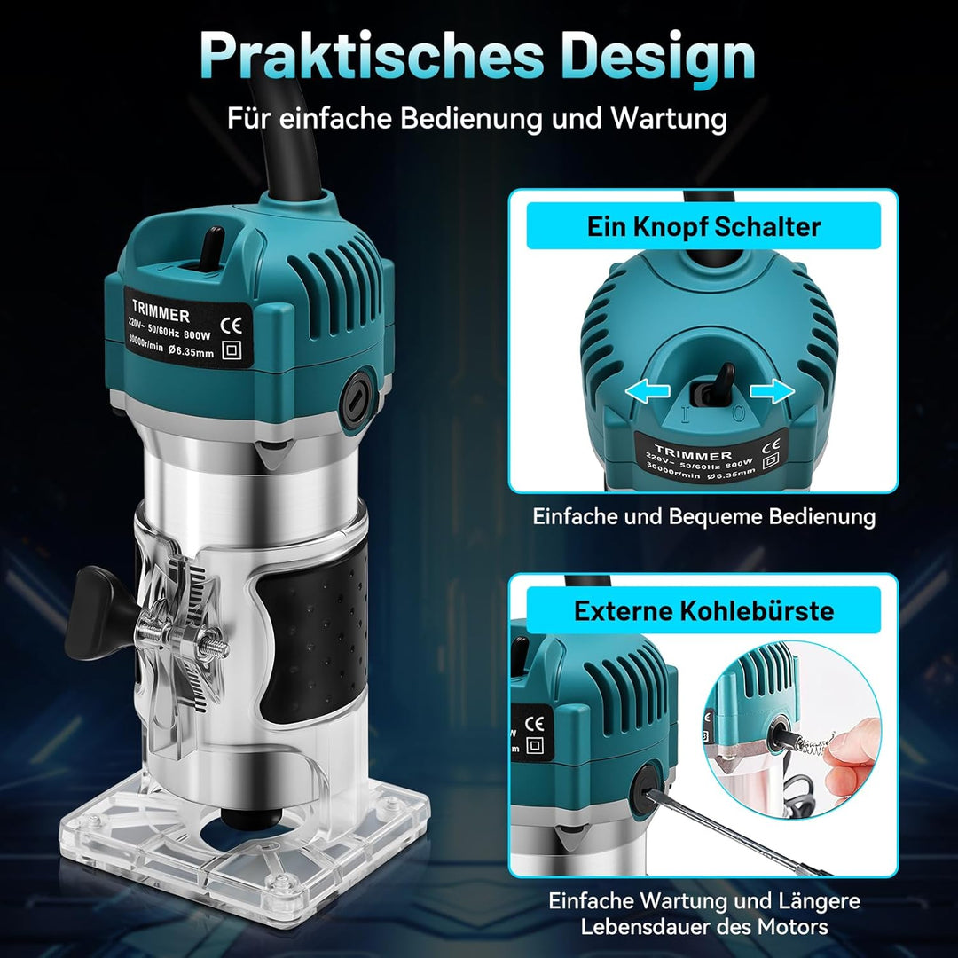 Oberfräse Kantenfräse Einhandfräse, 800W 30000 U/min Elektrischer Holzfräser Trimmer, Multifunktions