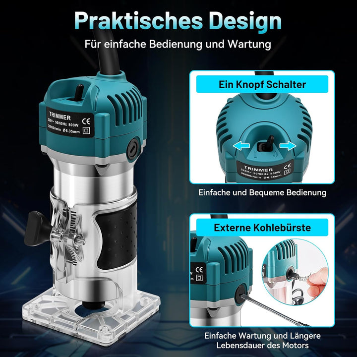 Oberfräse Kantenfräse Einhandfräse, 800W 30000 U/min Elektrischer Holzfräser Trimmer, Multifunktions