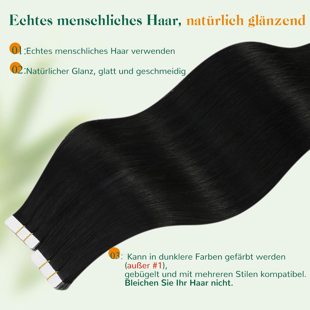 Easyouth Tape on Extensions Echthaar Haar Extensions Tape Echthaar Farbe Pechschwarz 12 Zoll 30g Tap