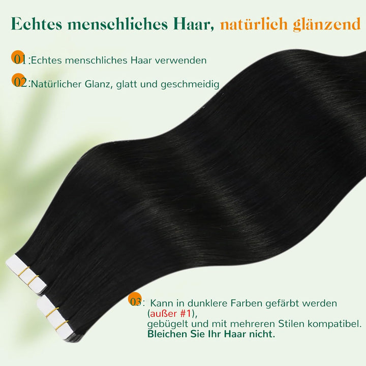 Easyouth Tape on Extensions Echthaar Haar Extensions Tape Echthaar Farbe Pechschwarz 12 Zoll 30g Tap