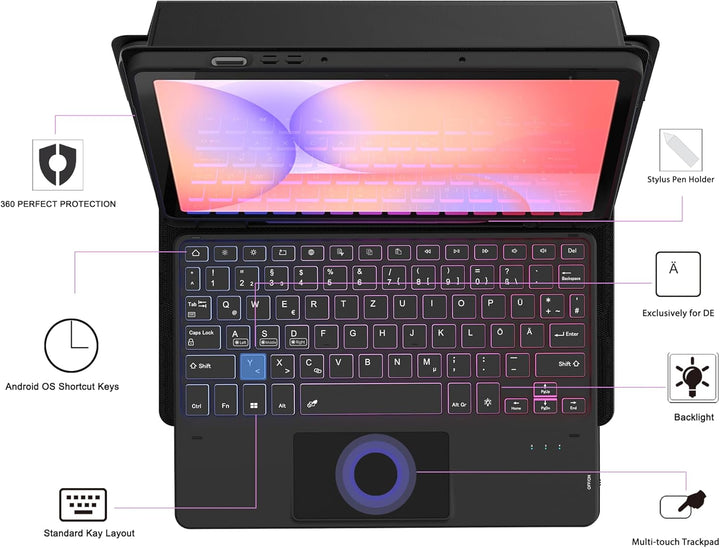 ROOFEI Galaxy Tab S9 FE/S9 Hülle mit Tastatur QWERTZ : 3-Zonen-7-Farbige DIY Hintergrundbeleuchtung,