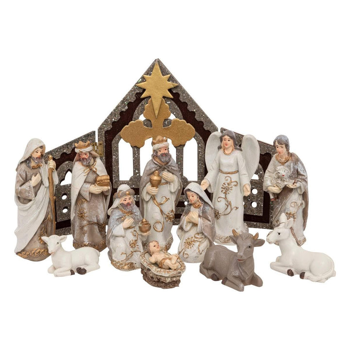 FEERIC CHRISTMAS Weihnachtskrippe mit 11 Krippenfiguren aus Harz H 25 cm cm Kinderbett und 11 Santon