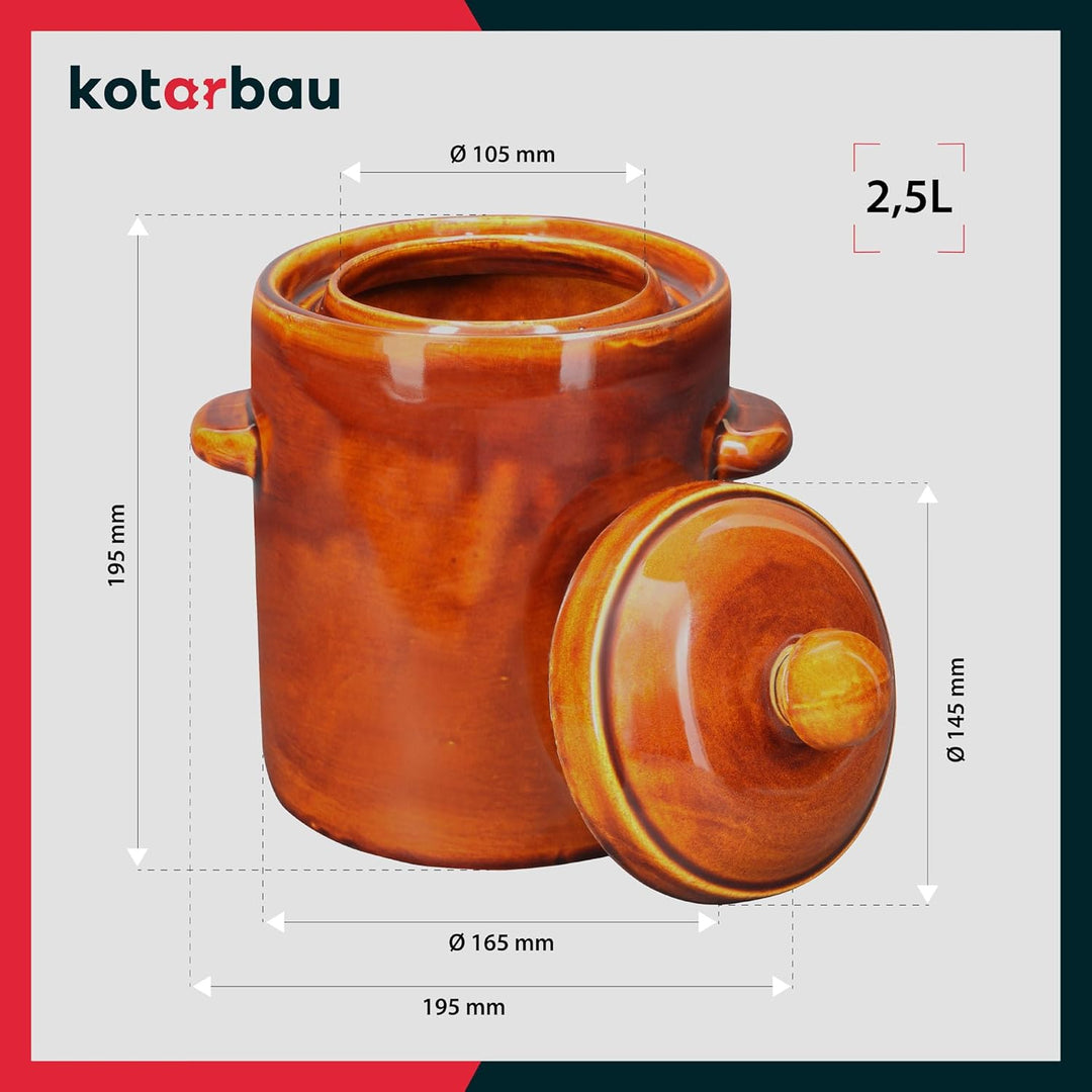 KOTARBAU® Gärtopf 2,5 L Braun Steinzeugtopf mit Hermetikdeckel Sauerkrauttopf Gurkentopf Einmachtopf