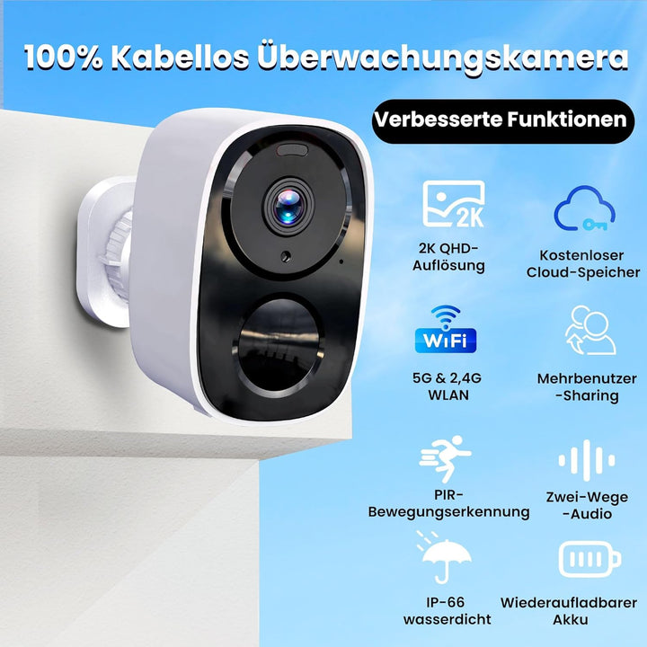 2K Überwachungskamera Aussen Akku, Kostenloser Cloud-Speicher, 5GHz, 2,4GHz WLAN Kabellose Überwachu