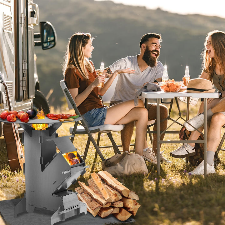 Fiqops Raketenofen Rocket Stove mit Grillplatte –Tragbarer Camping Holzofen mit Feuerhaken & Aschefa