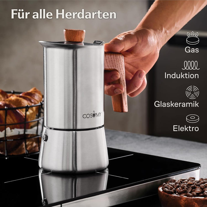 Cosumy Espressokocher Induktion für alle Herdarten geeignet - Mokkakanne Edelstahl 6 Tassen und FSC