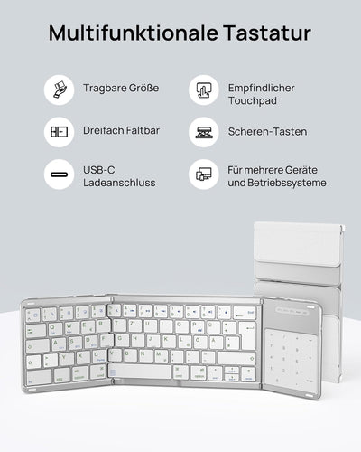 SODI Faltbare Tastatur,2-in-1-Zifferntastatur und Tastatur mit Touchpad, Multi-Device Tastatur Kabel