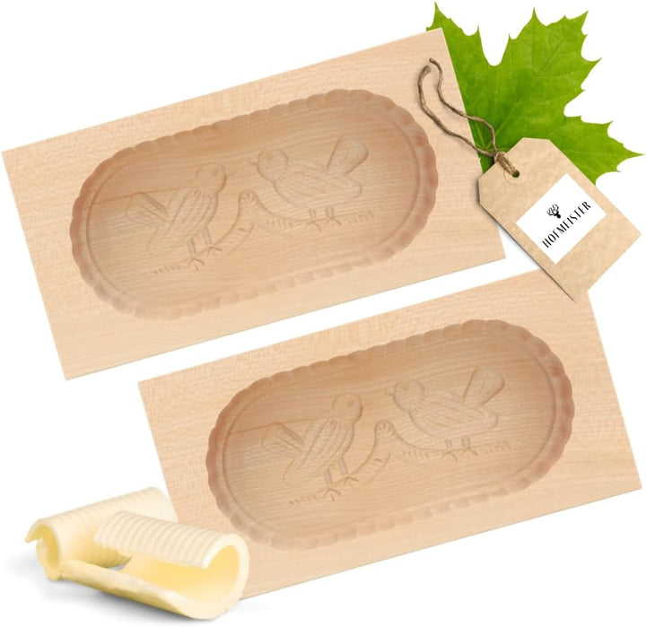 2X HOFMEISTER® Butterform, für 250 g Butter, 19 cm, 2 Vögel, handgeschnitzt in Deutschland, Butter-F