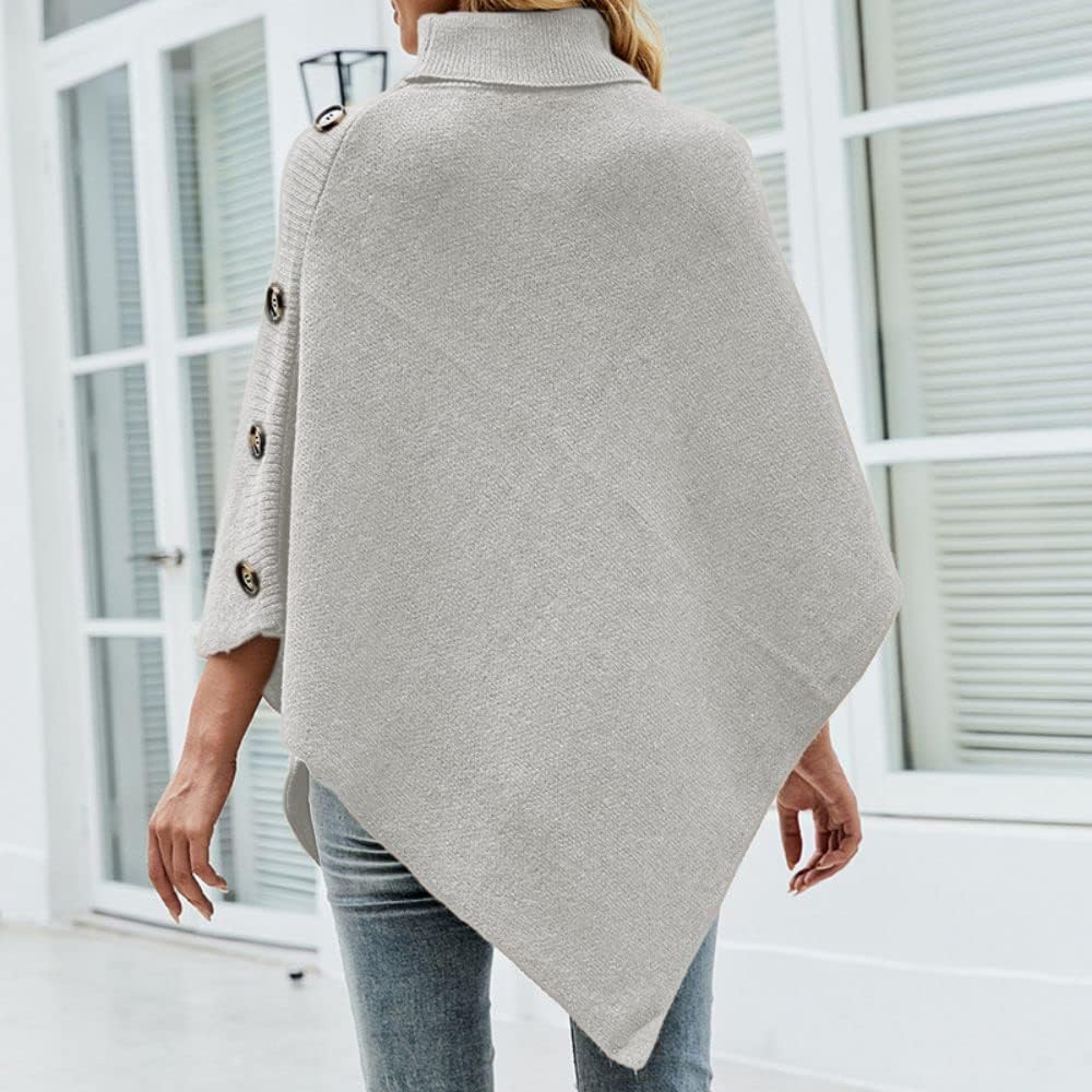 JFAN Poncho Damen Elegant Strick Umhang mit Hohem Kragen und Vier Knöpfen Herbst/Winter, Grau