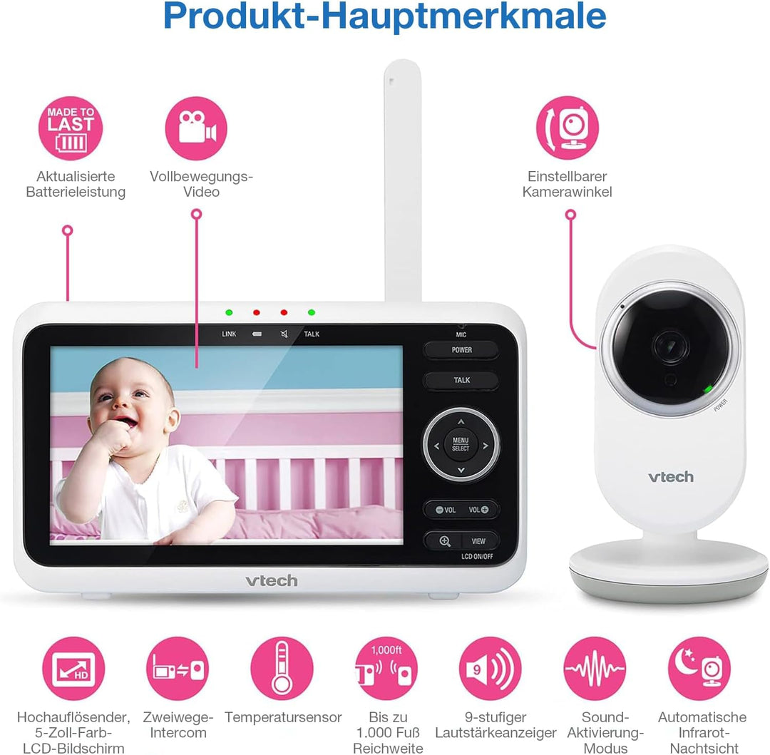 VTech Babymonitor VM350 – Video-Babyphone mit beweglicher Kamera – Klarer Sound, LCD-Farbbildschirm
