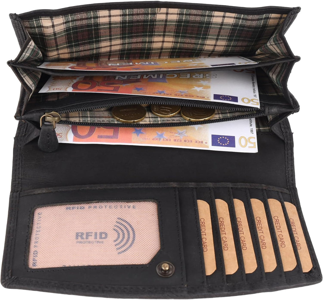 Benthill Geldbörse Gross Echt-Leder | Damen Portemonnaie XXL mit RFID Schutz | Vintage Frauen Geldbe
