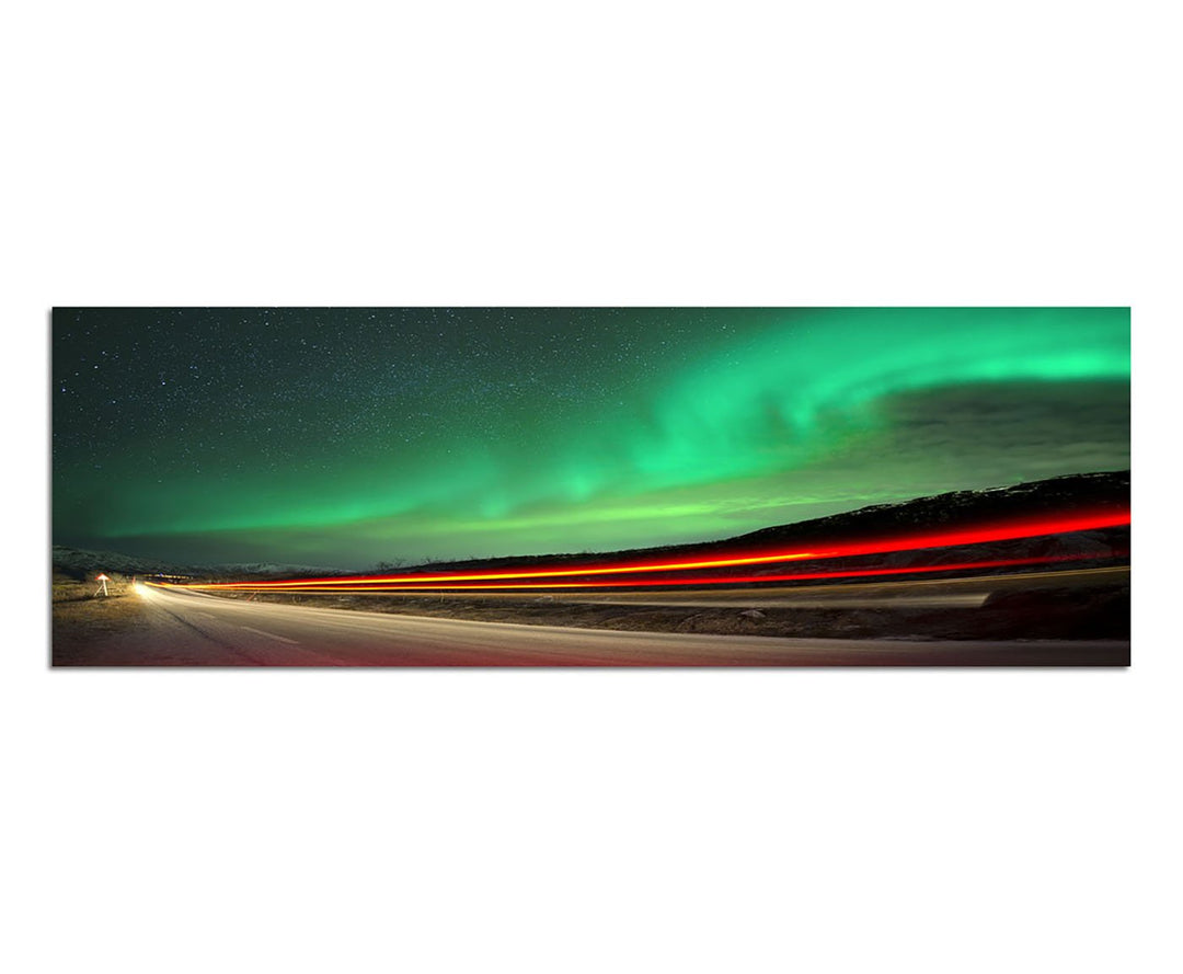 Paul Sinus Art Panoramabild auf Leinwand und Keilrahmen 150x50cm Norwegen Nordlichter Strasse Lichts