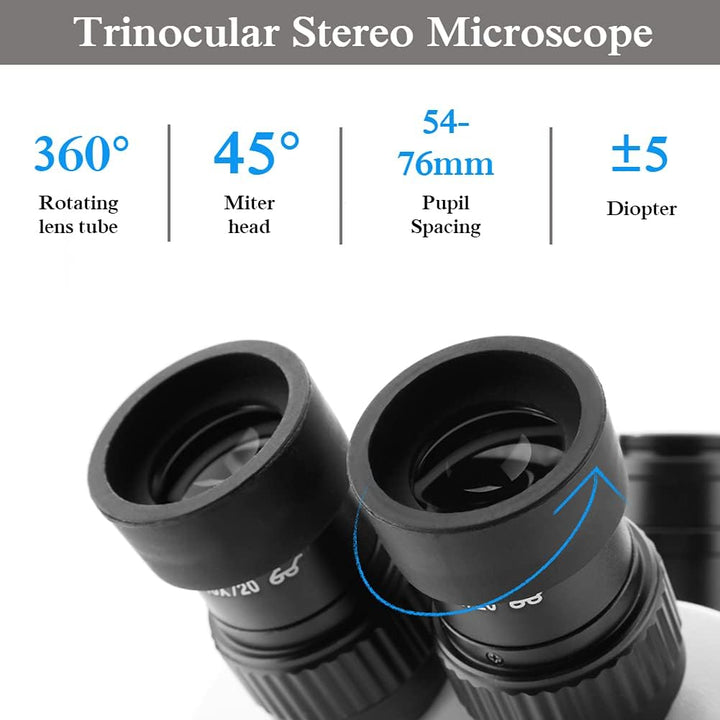 3,5X-90X Trinokular-Stereo-Zoom-Mikroskop Einstellbarer Tri-Vision-Arbeitsabstand von 30 bis 165 mm