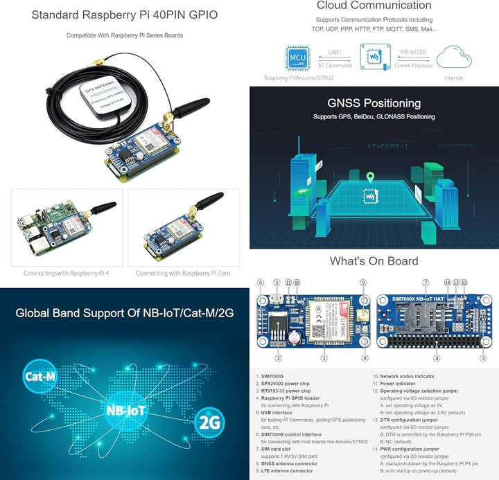 SIM7000G NB-IoT/Cat-M/Edge/GPRS HAT for Raspberry Pi Series, Low Power Narrow Band Cellular IoT Comm