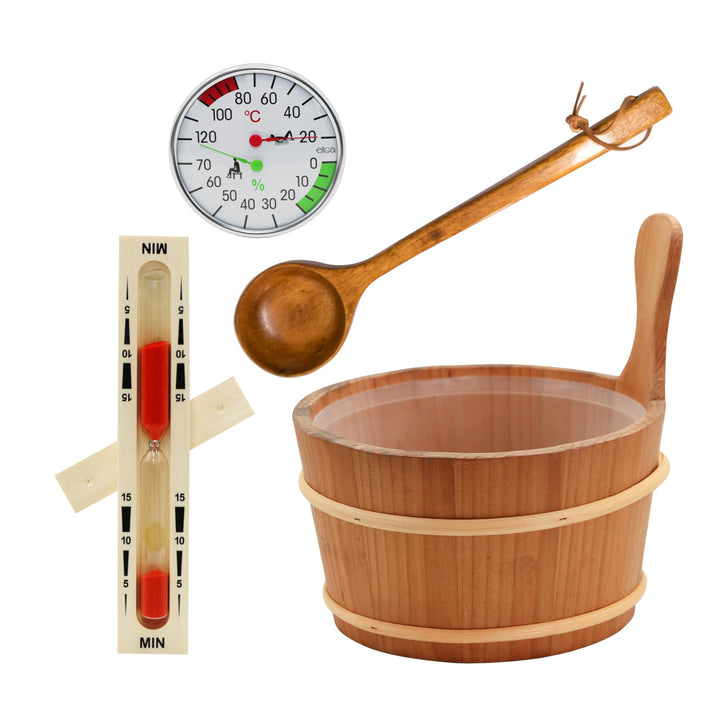 HAF® Saunakübel Set Thermo Espe 4 Liter mit Einsatz, 40cm Saunakelle Komu-Holz, Sanduhr und Klimames