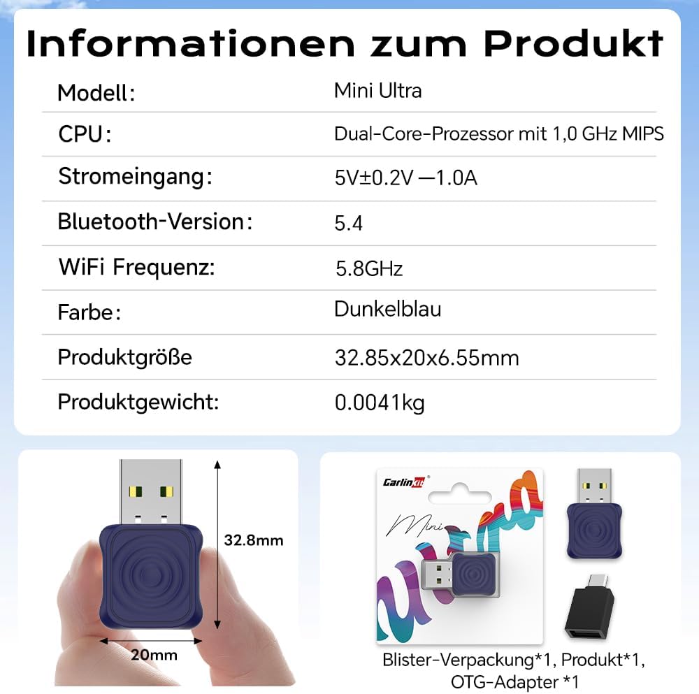 Carlinkit Mini Ultra Wireless CarPlay & Android Auto Adapter – Plug & Play-Dongle für iPhone & Andro